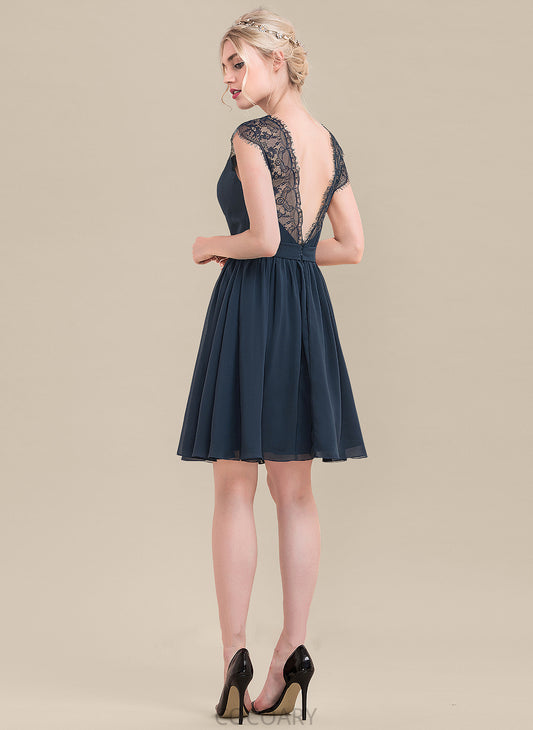 Knee-Length A-Line Fabric V-neck Length Straps Silhouette Neckline Lace Elianna Spaghetti Staps A-Line/Princess Bridesmaid Dresses